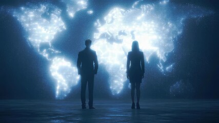 Two people silhouette facing glowing world map, business leaders vision with global network connection, digital technology light horizon ambition, teamwork innovation future success strategy - Powered by Adobe