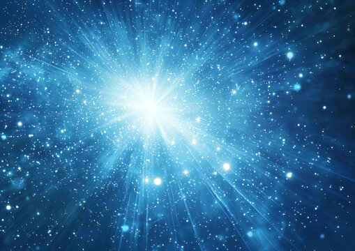 Bright Blue Starburst with Radiant Light and Starry Background
