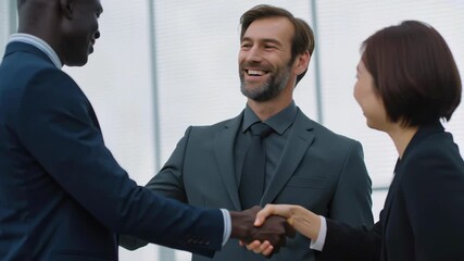 Confident handshake meeting with smiling manager and professional team corporate office lobby, formal suit attire, two people sealing business deal, partnership teamwork success, diverse colleagues - Powered by Adobe