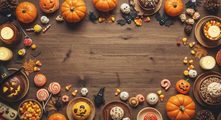 Festive halloween composition with pumpkins, candies and decoration on a wooden background