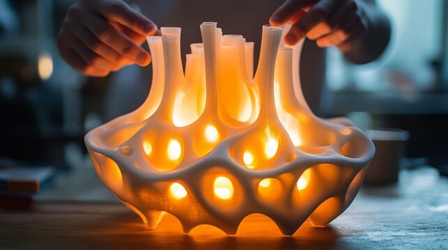 Hands adjusting a glowing, modern 3D-printed lamp with intricate design.