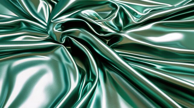 A close-up view of flowing teal silk fabric with a highly reflective, metallic surface and dramatic, elegant folds, illuminated by soft light.