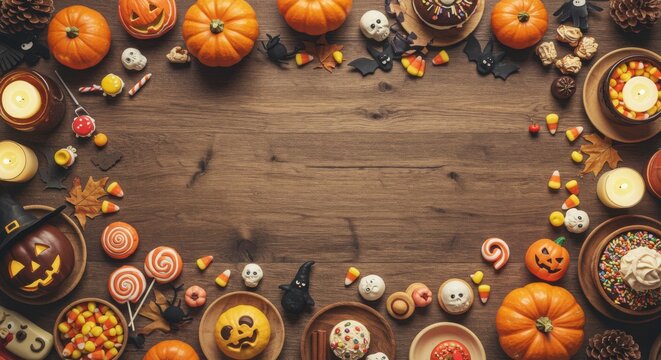Festive halloween composition with pumpkins, candies and decoration on a wooden background