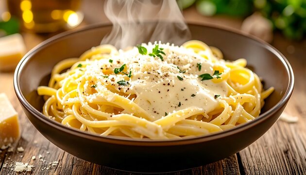 A steaming bowl of delicious spaghetti carbonara topped with grated parmesan cheese and black pepper, served on a rustic wooden table