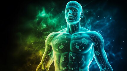 Futuristic digital human anatomy with glowing neon body structure
