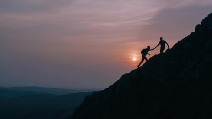 Two people business teamwork silhouette help climb mountain sunset steep rocky slope with rock support and trust, partners hike and climb rugged peak, outdoor adventure success slope calm dusk sky