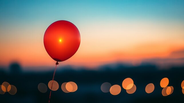 Red balloon floating against a vibrant sunset backdrop with city lights in the distance.