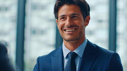 Smiling businessman professional advisor consulting handshake office suit corporate meeting negotiation success confident mentor client partnership agreement strategy leadership executive manager