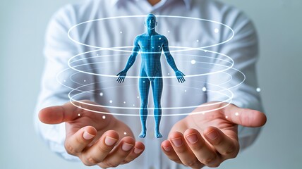 Futuristic digital hologram of human body floating above hands in technology concept
