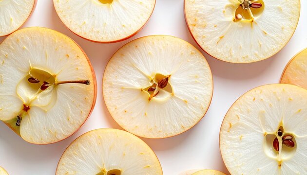 A vibrant pattern of freshly cut apple halves, sliced crosswise to reveal the star-shaped core and seeds on a clean white background - Powered by Adobe