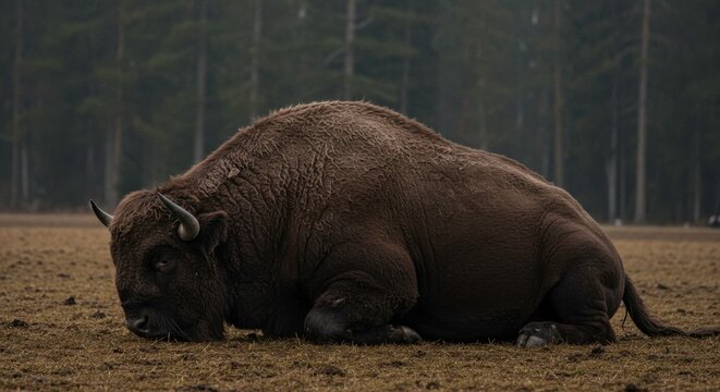 Majestic european bison resting peacefully in a forest clearing on a cloudy day observing