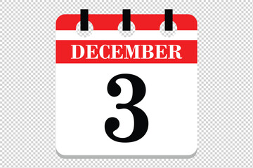 3 December Calendar icon vector, 3 dates of December month calendar icon, dates of December 3 icon calendar, vector calendar icon.