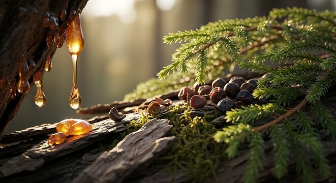Close-up of Pine Resin, Needles, and Berries on Mossy Wood - Powered by Adobe