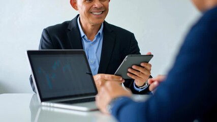 Smiling businessmen handshake meeting business strategy financial chart office teamwork digital tablet laptop negotiation partnership corporate two people business meeting finance laptop office - Powered by Adobe