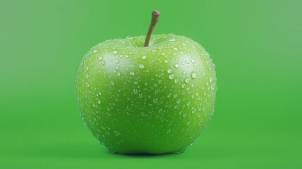 Close-up of a fresh green apple with water droplets on a vibrant green background.
