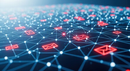 Cybersecurity threat with red email icons across a connected global digital network grid.