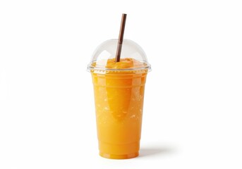 Refreshing mango smoothie in clear plastic cup with a straw
