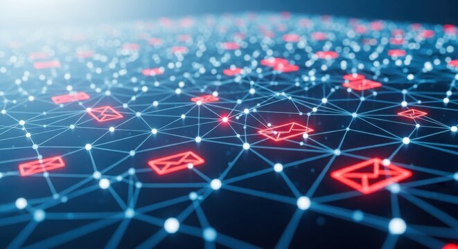 Cybersecurity threat with red email icons across a connected global digital network grid.
