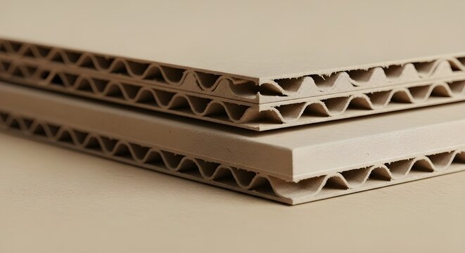 cardboard box in the warehouse_Corrugated cardboard edge with layered ribs; warm kraft tone; evenly lit.