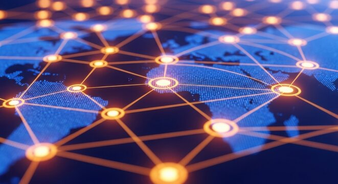 Global network connections showing data flow, communication, and digital technology