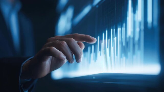 Business finance analytics data chart growth dashboard technology hand touch interacting with glowing data chart, data visualization dark office with futuristic analytics interface and modern finance - Powered by Adobe