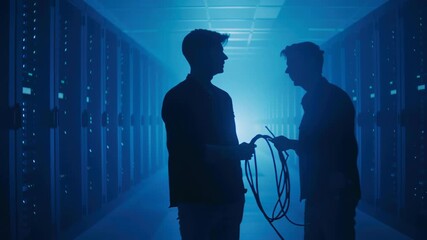 Calm business duo silhouette walk through modern blue data center corridor, discussing network cybersecurity and cloud computing strategy amid symmetric server racks, advanced technology network - Powered by Adobe