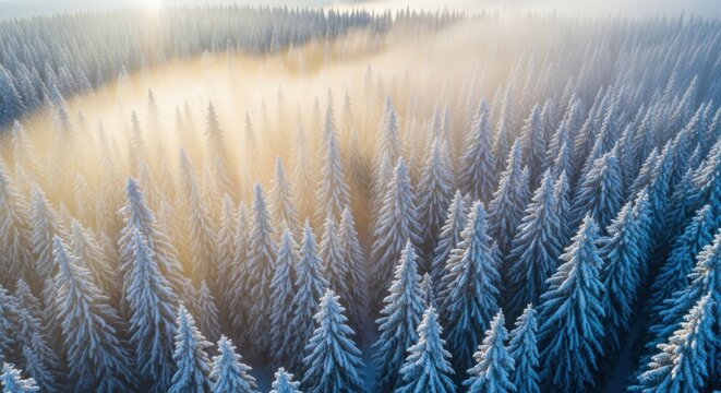 Winter wonderland forest with sun rays illuminating frosty snow-covered pine trees