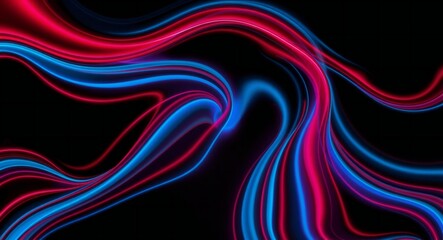 Abstract swirling ribbons of neon blue and pink light on a black background