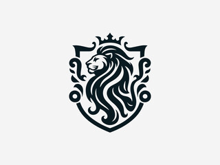 Royal crest lion black vector logo with detailed mane and heraldic shield for luxury brand identity