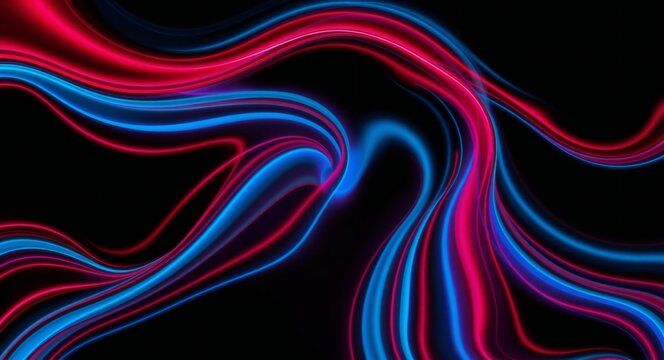Abstract swirling ribbons of neon blue and pink light on a black background