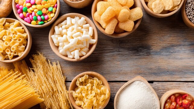 A variety of food items are displayed in wooden bowls on a wooden table