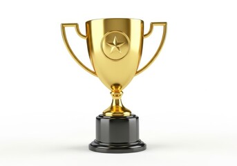 Shiny golden trophy cup with star emblem on a black pedestal