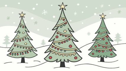 Stylized decorated christmas trees in snowy winter illustration