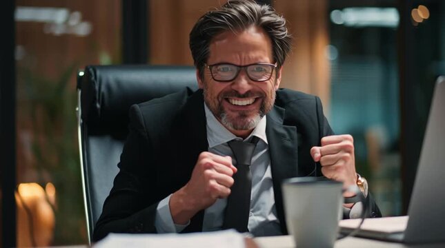 Triumphant Executive in Office: A successful executive, radiating confidence and joy, celebrates a significant achievement while seated in a modern office.