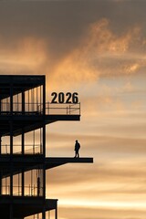 Silhouette of a Worker Against a Dramatic Sunset Sky with Year 2026 Displayed on Building Edge