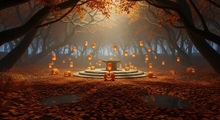 Enchanted Autumn Forest with Glowing Pumpkins and Lanterns for Halloween