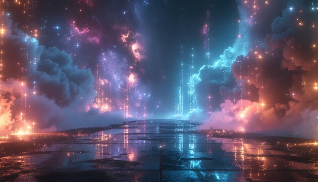 未来都市に降り注ぐ光のデータ雨