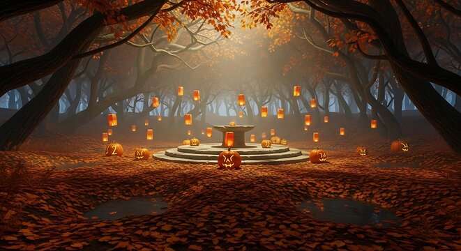 Enchanted Autumn Forest with Glowing Pumpkins and Lanterns for Halloween