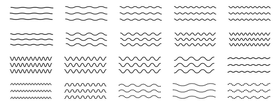 Water waves. Set of wavy zigzag lines. Wave thin line background. Vector zigzag and wavy  horizontal underline. Vector illustration