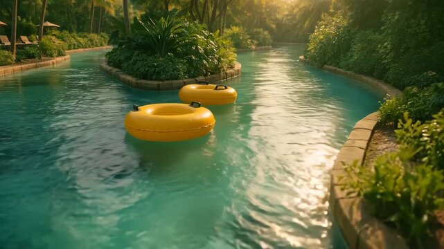 Two bright yellow inflatable tubes float gently in a sparkling, lazy river surrounded by lush greenery and curving stone edges. Soft golden sunlight filters through the treetops, creating a relaxing, 
