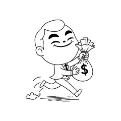 Happy Businessman Running Fast with Bag of Money Doodle Illustration