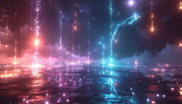 幻想的な光の雨が降り注ぐ宇宙空間