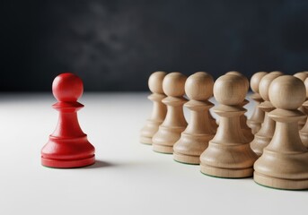 Red chess pawn stands out from a crowd of many ordinary pawns