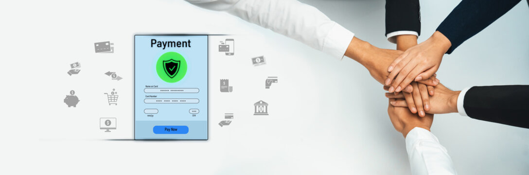 A group of diverse hands coming together, symbolizing teamwork and collaboration, with a digital payment security interface in a modern business environment. Trope - Powered by Adobe