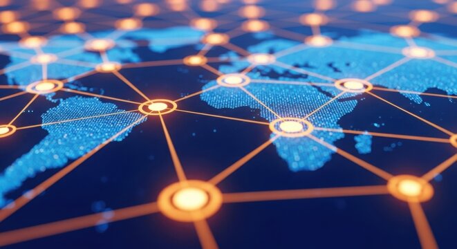 Global digital network concept with glowing connections over a pixelated world map. - Powered by Adobe