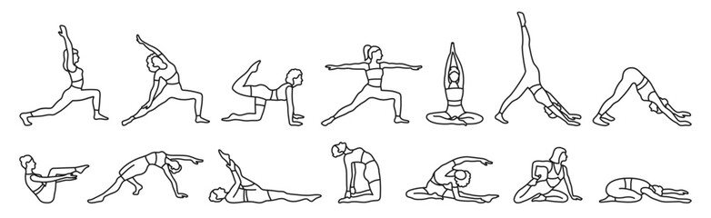 Women do yoga and Pilates exercises symbol set. Healthy wellness lifestyle icon. Slim woman doing various fitness stretching, meditation and relaxation gym sport body training sign vector illustration