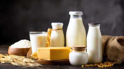 A variety of dairy products including milk, cheese