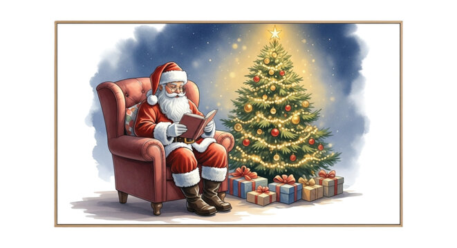 Santa Claus Reading Book Beside Decorated Christmas Tree with Gifts Wall Art Watercolor Illustration