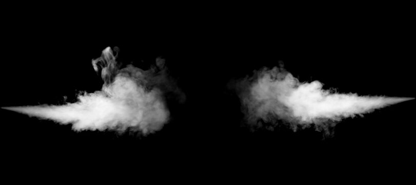 White smoke set on black background. Collection of isolated vapor textures for design, visual effects and digital art. Perfect for fog overlays, explosion scenes or industrial pollution concepts.