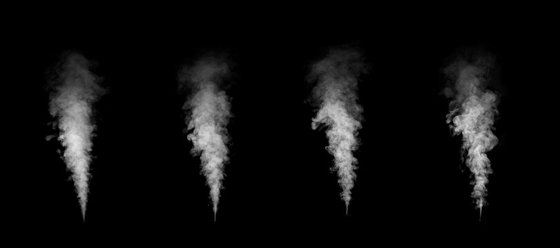 White smoke set on black background. Collection of isolated vapor textures for design, visual effects and digital art. Perfect for fog overlays, explosion scenes or industrial pollution concepts.